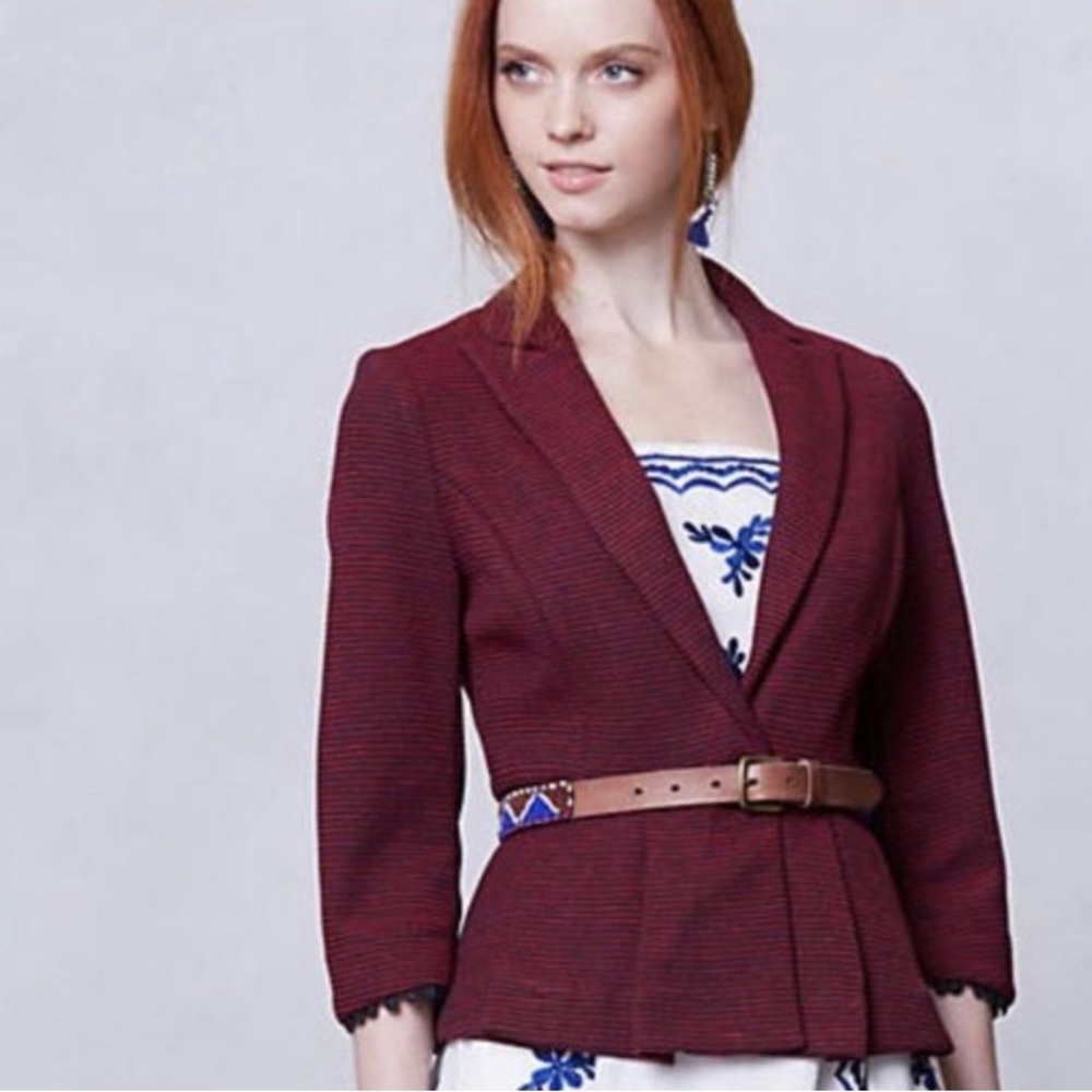 Tabitha Anthropologie Peplum Blazer Red & Navy Stripe Size Small